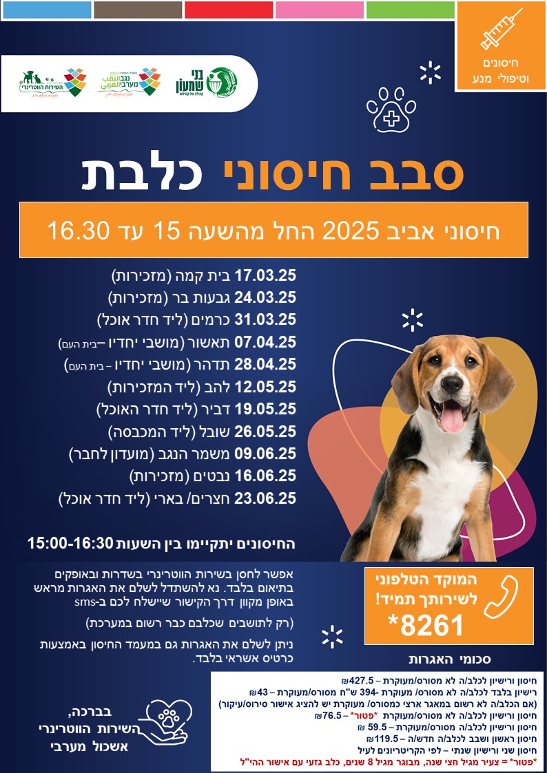 תושבים יקרים, להלן לו"ז סבב חיסוני כלבים לתקופת אביב 2025 ביישובי המועצה, אשר יבוצעו על ידי וטרינר הרשות, ד"ר עזרא שהרבני. מוזמנים להגיע, לחסן כלבים, חתולים ואפילו סוסים (בתיאום כמובן)! בין השעות 15:00 לשעה 16:30: 17.03.25 בית קמה (ליד המזכירות) 24.03.25 גבעות בר (ליד המזכירות) 31.03.25 כרמים (ליד חדר האוכל) 07.04.25 תאשור (מרוכז למושבי יחדיו- ליד בית העם) 28.04.25 תדהר (מרוכז למושבי יחדיו- ליד המועדון) 12.05.25 להב (ליד המזכירות) 19.05.25 דביר (ליד חדר האוכל) 26.05.25 שובל (ליד המכבסה) 09.06.25 משמר הנגב (מועדון לחבר) 16.06.25 נבטים (ליד המזכירות) 23.06.25 חצרים/ בארי (ליד חדר האוכל) את תשלום דמי האגרה יש לבצע מראש בקישור שיישלח אליכם מראש מהיחידה הוטרינרית (לבעלי הכלבים הרשומים בלבד), לפרטים/ בירורים נוספים ניתן לפנות גם במייל לד"ר עזרא: vet-bns@bns.org.il, או לשירות אשכול נגב מערבי בטלפון *8261. לנוחיותכם, מצורף גם הקישור לאתר אשכול נגב מערבי עם תחנות נוספות בשדרות, אופקים ונתיבות, בהן ניתן לבצע את החיסונים. אשכול רשויות נגב מערבי | מערך השירות הוטרינרי | מועדי חיסונים (westnegev.org.il)